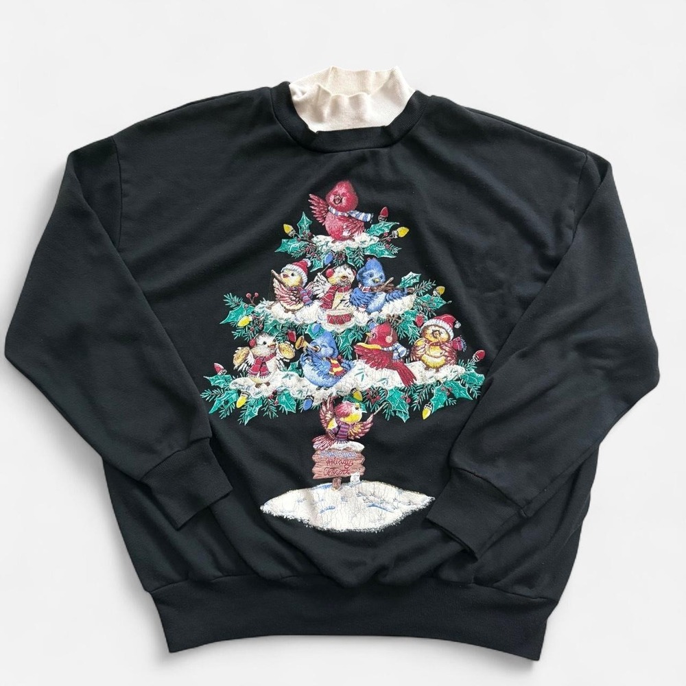 Vintage Black Christmas bird tree crewneck sweatshirt women's L acrylic